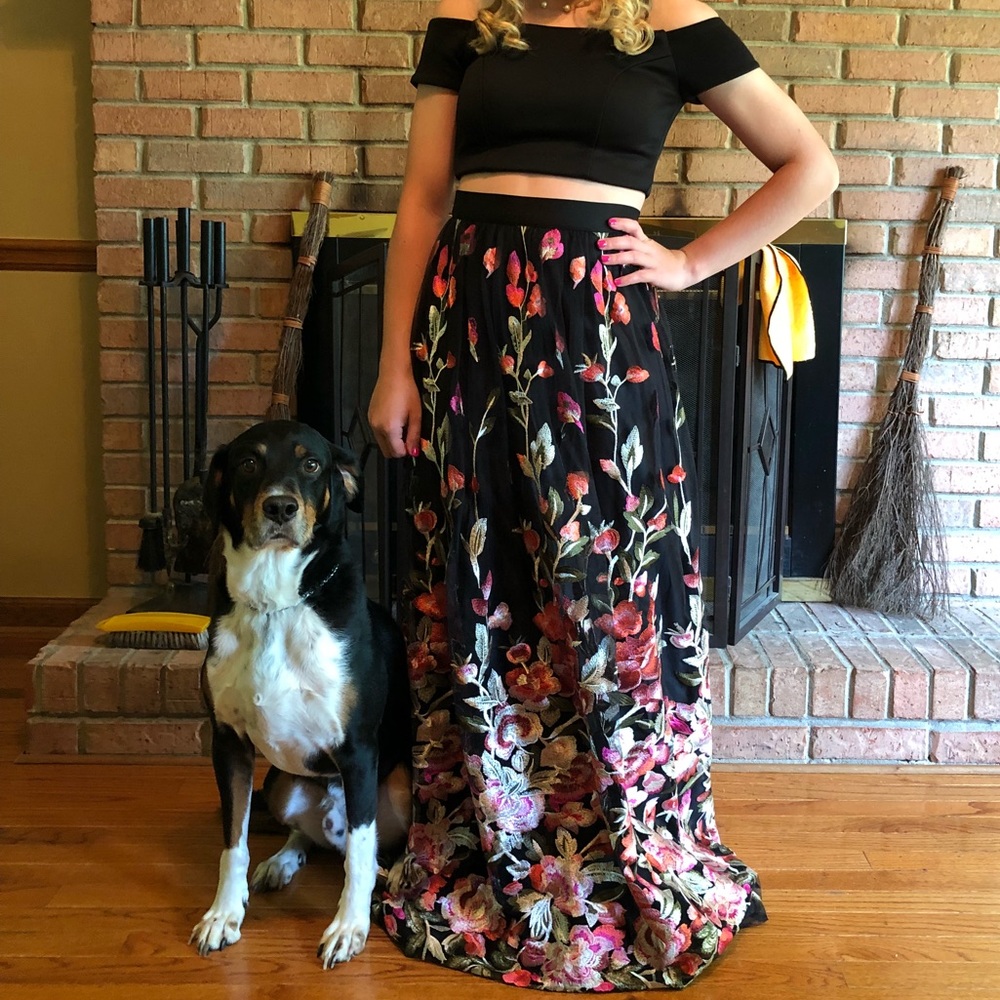 Off the Shoulder Two Piece Black/Floral Prom Dress